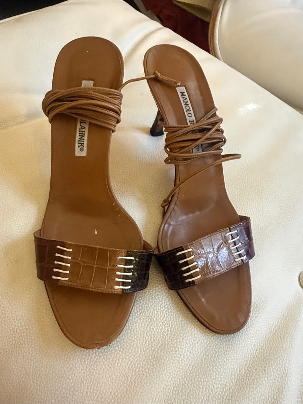 Vintage Manolo Blahnik Brown Croc-Embossed Strappy Heeled Sandals - Picture 2 of 3